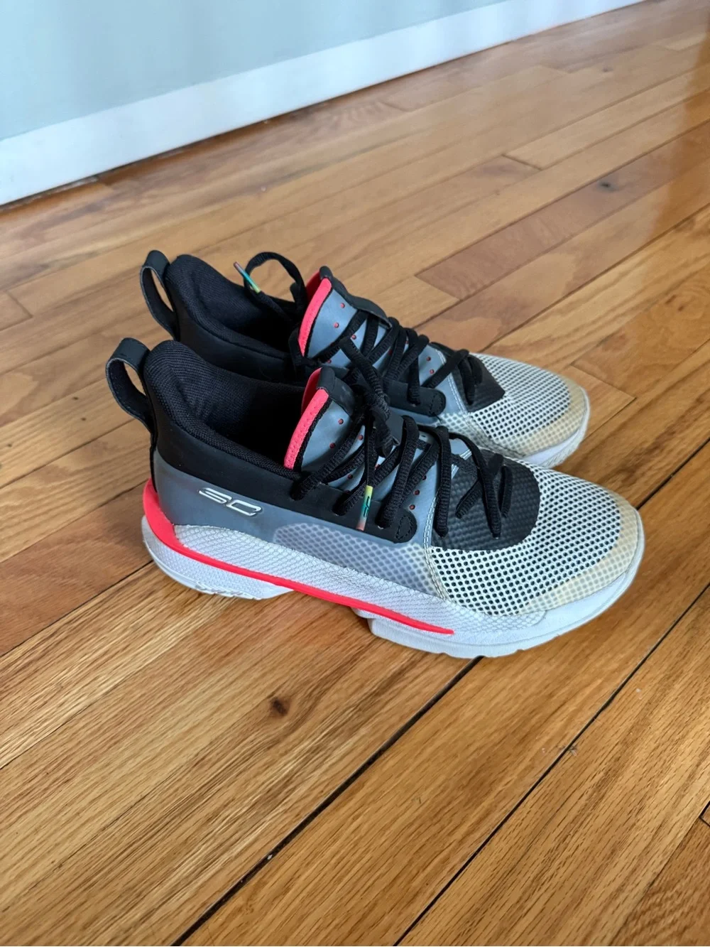 Under Armour Steph Curry Kids' Basketball Sneakers in Black, Gray & Coral